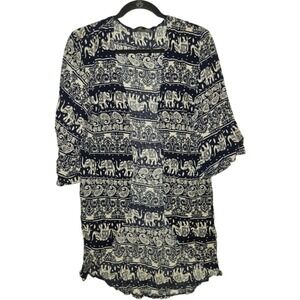 Zanzea Collection Kimono Cardigan Navy & White Elephant Print Bohemian Size 8
